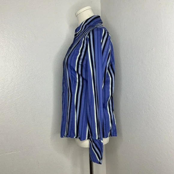 Y2K Women's Blue Green Striped Button Down Shirt Preppy Office Long Sleeve Sz 8 - Picture 5 of 10